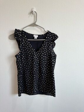 J. Crew Gold Polka Dot V-Neck Ruffle Sleeve Black Top. Size 00